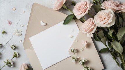 Minimalist floral design postcard with a simple blank white layout mock up for message.