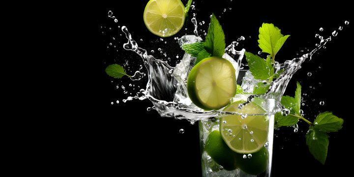 lime in water, Iced green tea with lime and mint in glass jars dark background selective focus, Splashing mojito cocktail with lime and mint isolated on white background, generative AI


