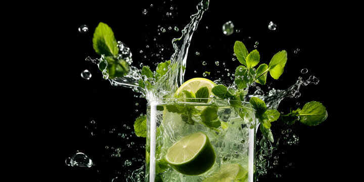 lime in water splash, Pouring fresh mojito cocktail in glasses isolated on black background, Fresh drink with green lime, generative AI

