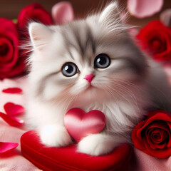 Fluffy kitten with a pink heart. Valentine's Day