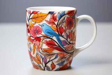 A white cup with multi colored leaves and a blue bird