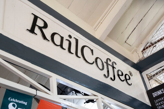 Sign of Railcoffee restaurant in railway station of Kluang