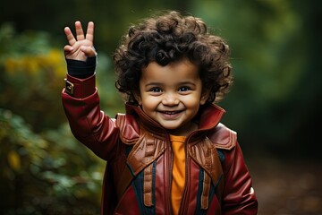Young boy with curly hair waving at camera in leather jacket