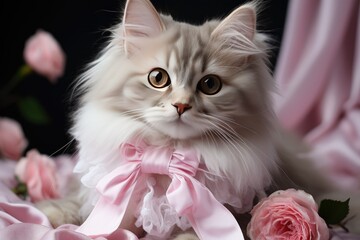 Small cute baby kitten with pink bow staring at camera