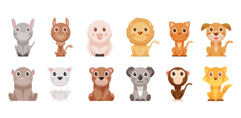 Hand-drawn set of small animals and birds of various kinds and shapes. Cute animals