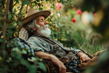 Entspannung im Garten Alter Mann genie&szlig;t die Ruhe