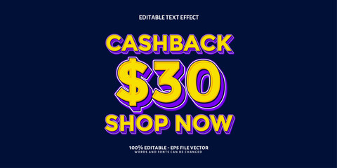 Castback 30% 3D Text Effect ,Editable Text Effect, Banner Promo Premium Vector