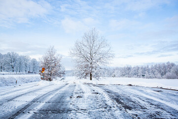 Road in winter landscape in Hassleholm, Sweden