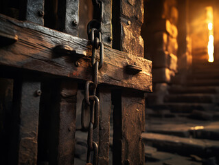 Close up the bars of a dungeon, dark and sinister, locked by chains