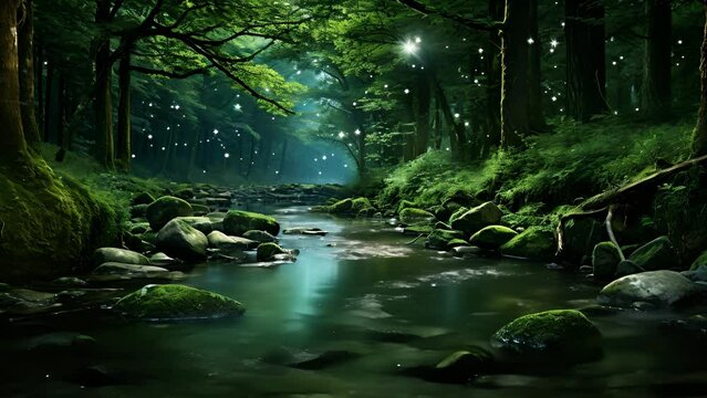 A babbling brook flows gently through the forest, its crystalclear waters reflecting the moon and stars above, creating a breathtaking backdrop for lovers to get lost in.