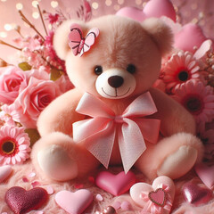 Teddy bear surrounded by hearts and pink flowers. Valentine's Day Gift