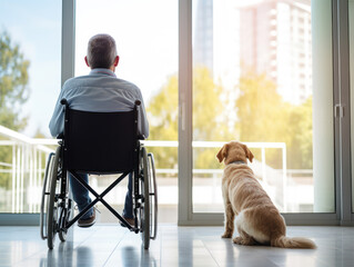 old man in wheelchair facing home window together with dog