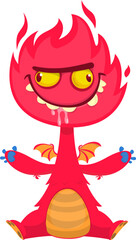 Cartoon happy adorable monster sitting and waving hands.  Vector illustration isolated on white. Great for Halloween party or package design