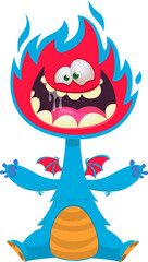 Cartoon happy monster with funny face expression sitting.  Vector illustration isolated on white. Great for Halloween party or package design