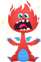 Cartoon happy dragon with funny face expression sitting.  Vector illustration isolated on white. Great for Halloween party or package design