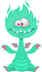 Cartoon happy adorable monster sitting and waving hands.  Vector illustration isolated on white. Great for Halloween party or package design