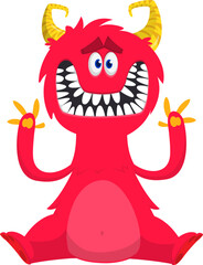 Cartoon happy monster with funny face expression sitting.  Vector illustration isolated on white. Great for Halloween party or package design