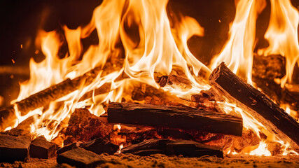 Closeup shot of wood burning on fire.