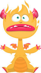 Cartoon happy monster with funny face expression sitting.  Vector illustration isolated on white. Great for Halloween party or package design