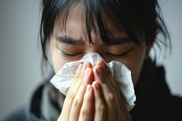 Femme malade qui se mouche, typ&eacute;e asiatique. Woman blowing her nose, Asian type, sick.