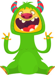 Fototapeta premium Cartoon happy monster with funny face expression sitting. Vector illustration isolated on white. Great for Halloween party or package design