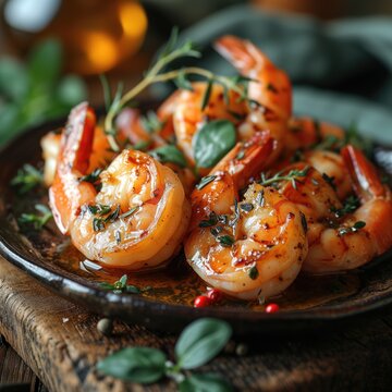 Crevettes, gambas saut&eacute;es &agrave; la po&ecirc;le parsem&eacute;es d'herbes. Photographie de qualit&eacute; magasine. Shrimp, prawns saut&eacute;ed in a pan sprinkled with herbs. Magazine quality photography.