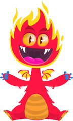 Cartoon red monster with funny face expression sitting.  Vector illustration isolated on white. Great for Halloween party or package design