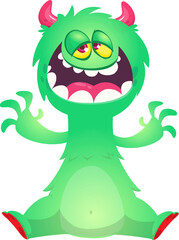 Fototapeta premium Cartoon happy monster with funny face expression sitting. Vector illustration isolated on white. Great for Halloween party or package design