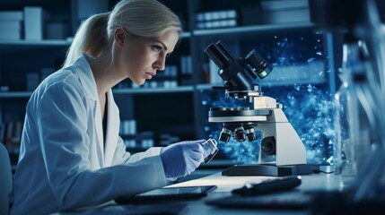 A close-up portrait of a beautiful serious woman scientist engaged in research with a microscope in a modern medical laboratory. The concept of healthcare and biotechnology.