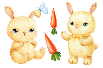 Cartoon Cute bunny on isolated white background. Watercolor hand drawn illustration. Set of cute animals