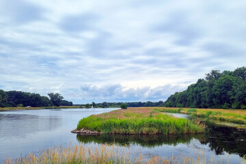 Fototapeta na wymiar View of a small lake on a cloudy day.