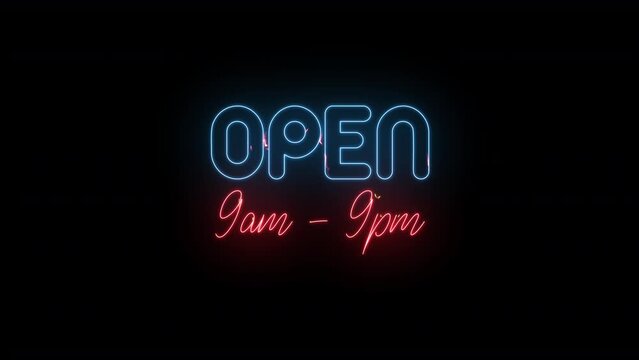 Vibrant 'Open 9am - 9pm' Motion Graphic: Seamless loop of animated neon sign. Illuminating the storefront with stylish lights. Perfect for business front windows. High-resolution 4k quality.