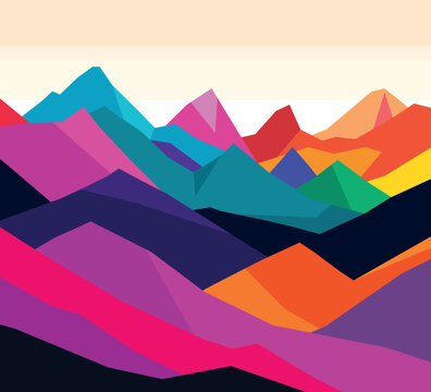 Mountains flat color illustration. Abstract simple landscape. Colorful hills. Multicolored abstract shapes. Vector design art