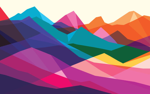 Mountains flat color illustration. Abstract simple landscape. Colorful multiply hills. Multicolored abstract shapes. Vector design art