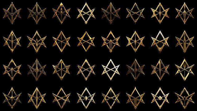 Art Deco golden Thelema Star elements Grid Pattern isolated on black background Ultra HD VJ Loop
