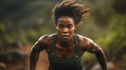 Close up photo of black female fitness enthusiast having an intensive workout in nature  - obrazy, fototapety, plakaty