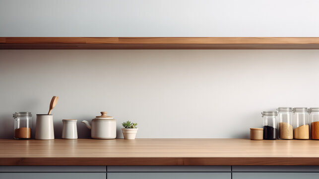 Minimal cozy counter mockup design for product presentation background. Branding in scandinavian style with  wood top counter, white wall and kitchen details. Elegant kitchen interior. Generative AI