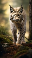 Fototapeta premium an image of a lynx walking in the woods for sale