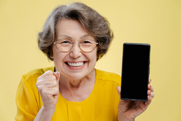 Portrait of smiling grandmother wearing eyeglasses holding mobile phone with blank black screen