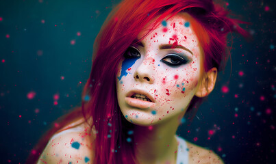 Obraz premium Vibrant artistic portrait of a young red-haired woman with a splattered paint effect across her face and hair