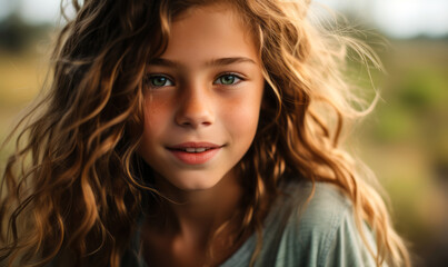 Serene Young Girl with Wavy Blonde Hair and Green Eyes Gently Smiling in Soft Natural Light, Youthful Innocence