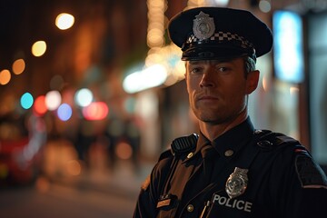 Obraz premium A committed policeman, confidently walking the beat on a busy urban street to maintain law and order