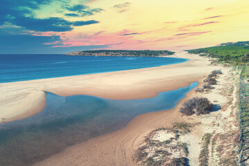 Beautiful sunset on the beach. Playa Bolonia. Duna de Bolonia. Spain, Europe