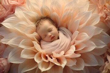 a baby sleeping on a floral in the middle of a bunch of flowers - obrazy, fototapety, plakaty