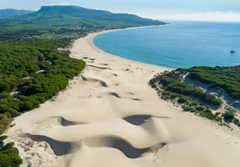 Fotobehang Bolonia strand, Tarifa, Spanje View from above of seascape with sandy Dune and pine forest. Playa Bolonia. Duna de Bolonia. Spain, Europe