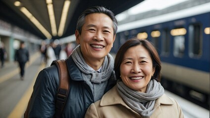 Joyful Asian couple standing at a train station platform, with train and commuters in the background. - obrazy, fototapety, plakaty