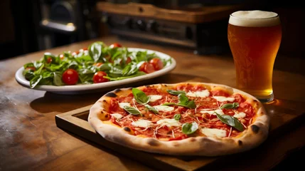Foto op Plexiglas Pizza con pomodoro, mozzarella, pomodorini freschi, basilico e una birra fresca in una pizzeria in Italia © Wabisabi