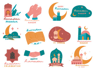 Set ramadan sticker in flat style doodle illustration, eid al fitr greeting card design elements  - 703250533