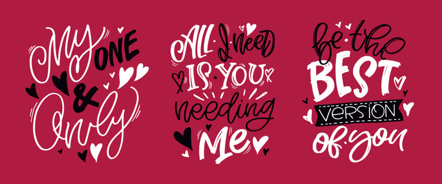 Hand drawn Valentines Day lettering typography text, badge,icon.  Holiday calligraphy with hearts. 100% vector image