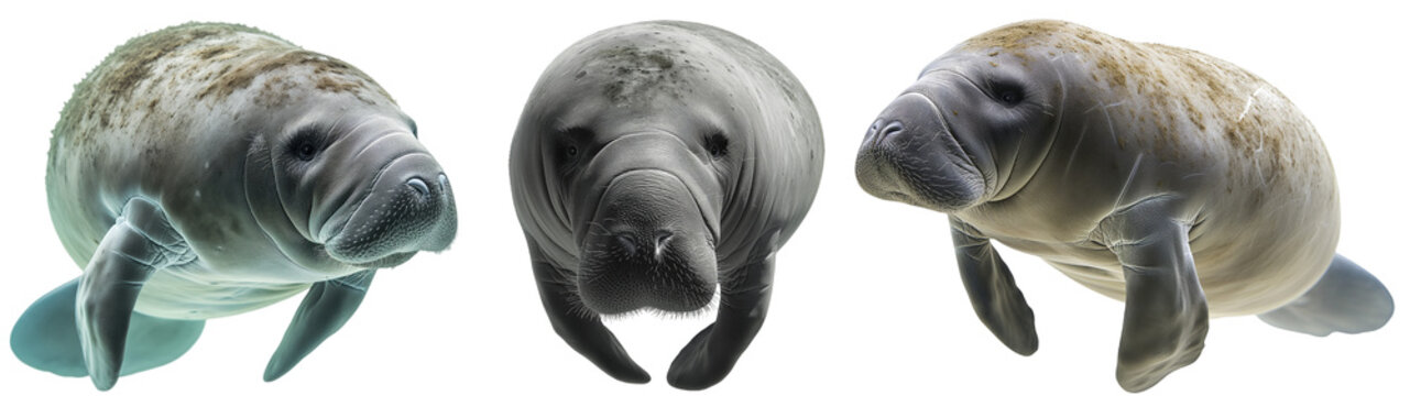 Swimming manatee collection isolated on a transparent background